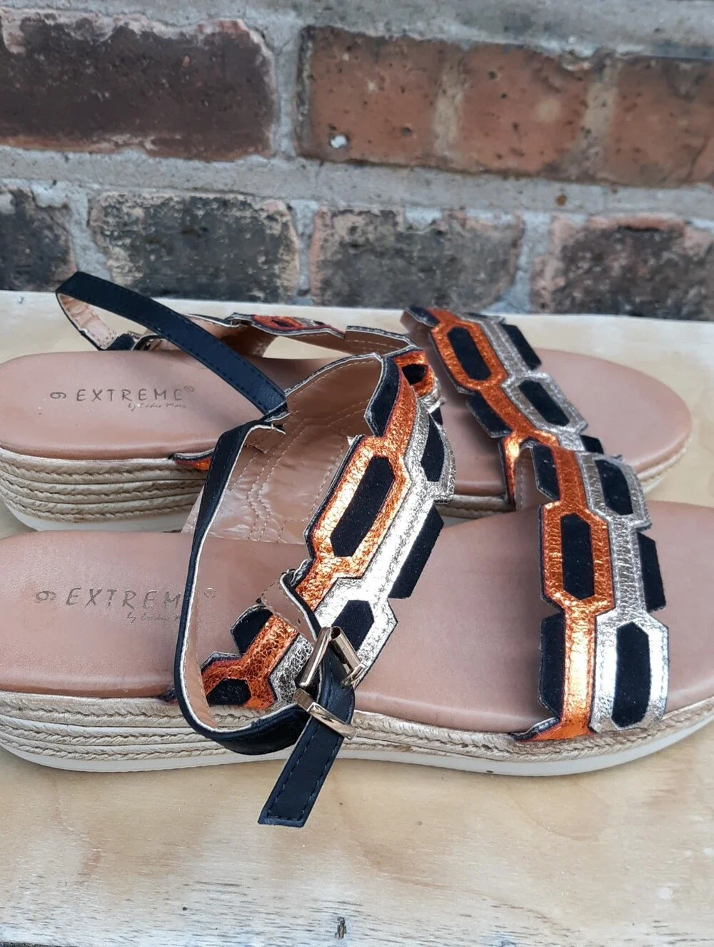 Extreme by Eddie Marc Womens 9 Metallic Orange Black Espadrille Wedge Sandal